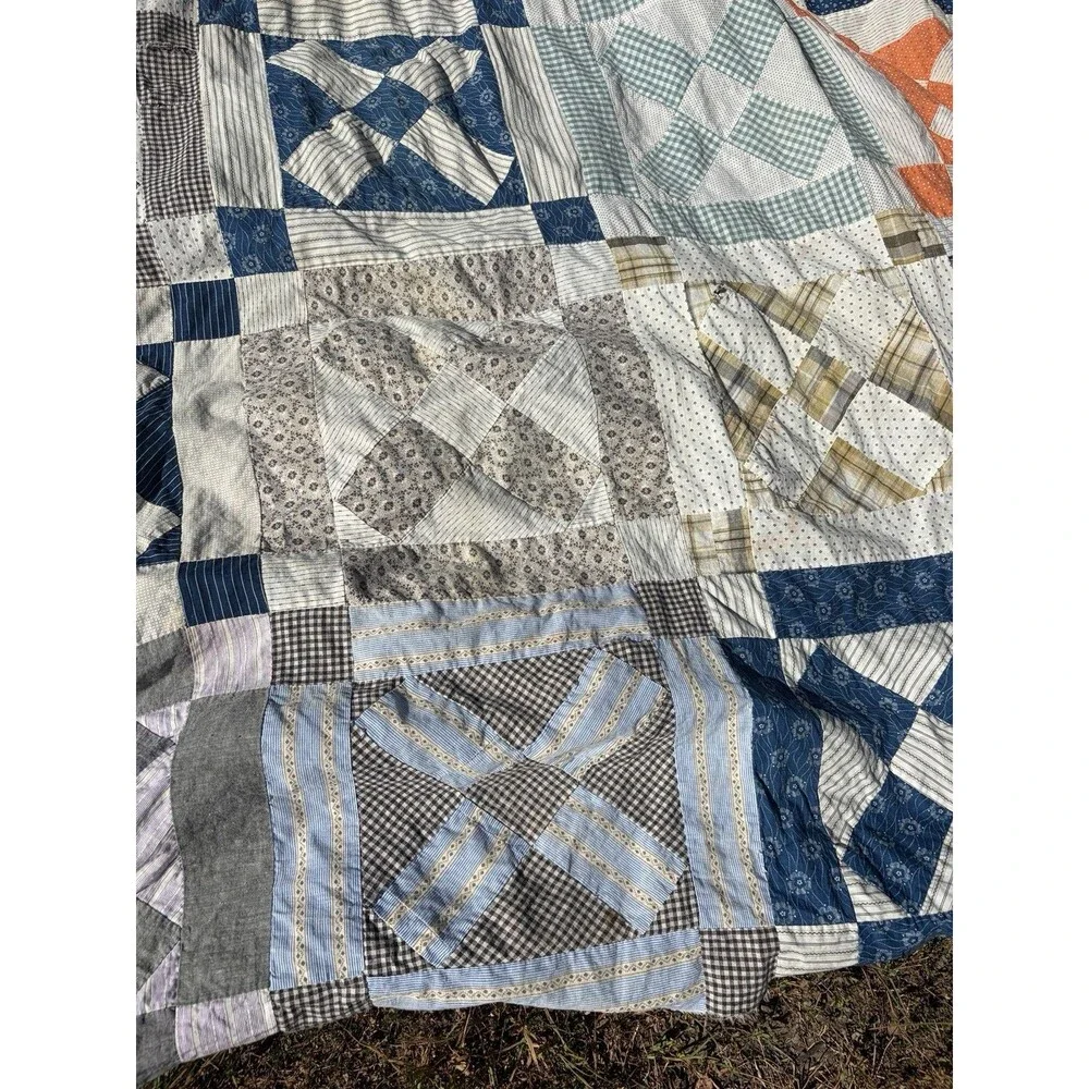 Early 1900’s Hand Stitched Quilt Top Only Shirt Fabric Feed Sack Cotton 74x 61